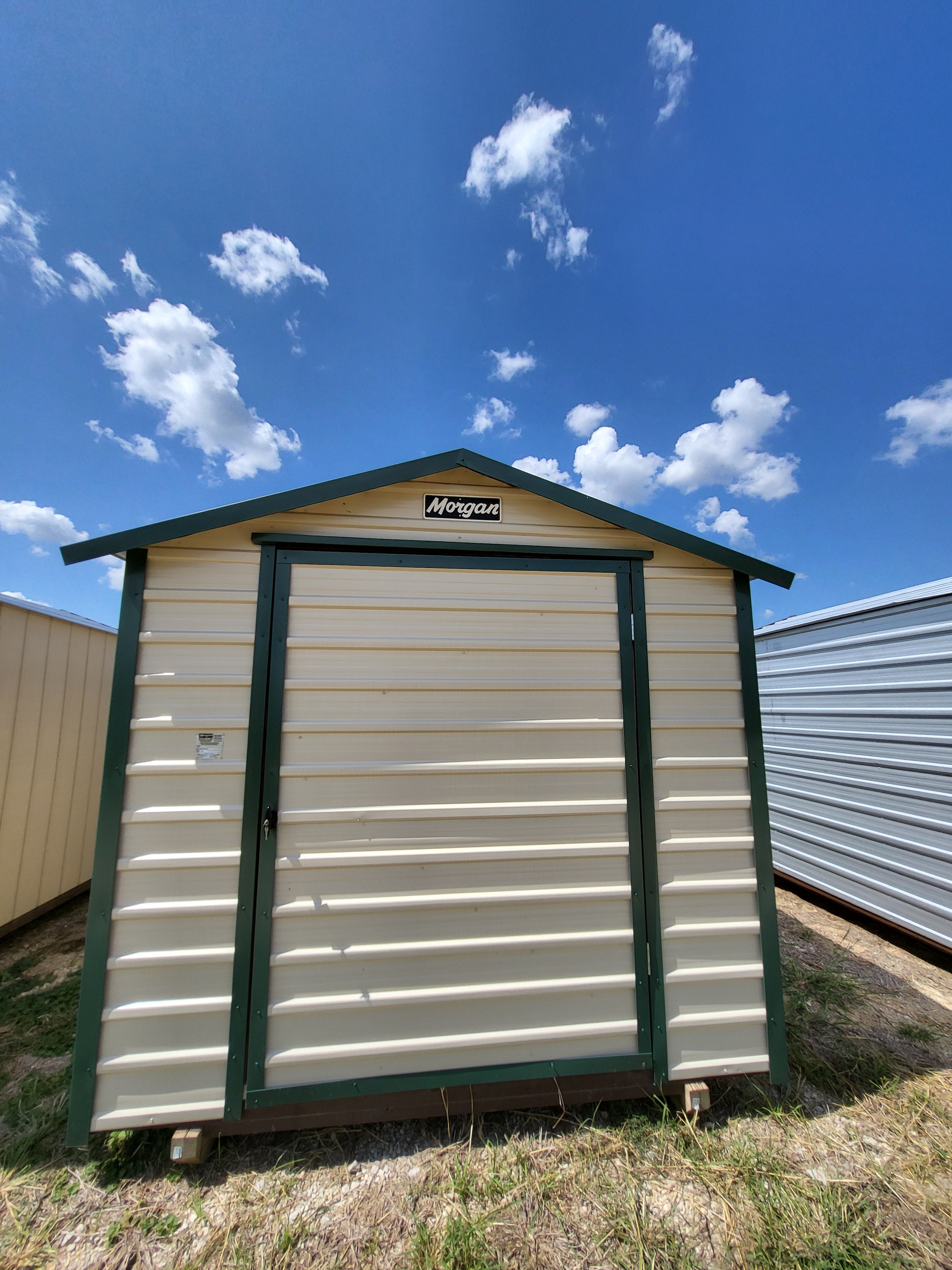 08 x 10 Almond Steel Storage Shed with Green Trim - H205050
