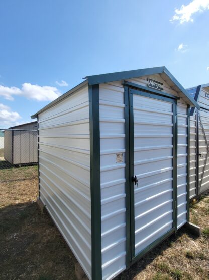 06 x 08 Steel Storage Shed in White Siding and Green Trim - H205116
