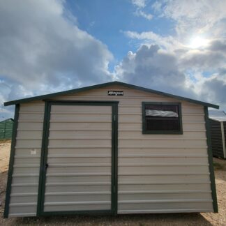 10 x 12 Peak Storage in Almond Steel with Green Trim and Window - H205678