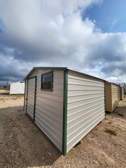 10 x 12 Peak Storage in Almond Steel with Green Trim and Window - H205678 - Image 4