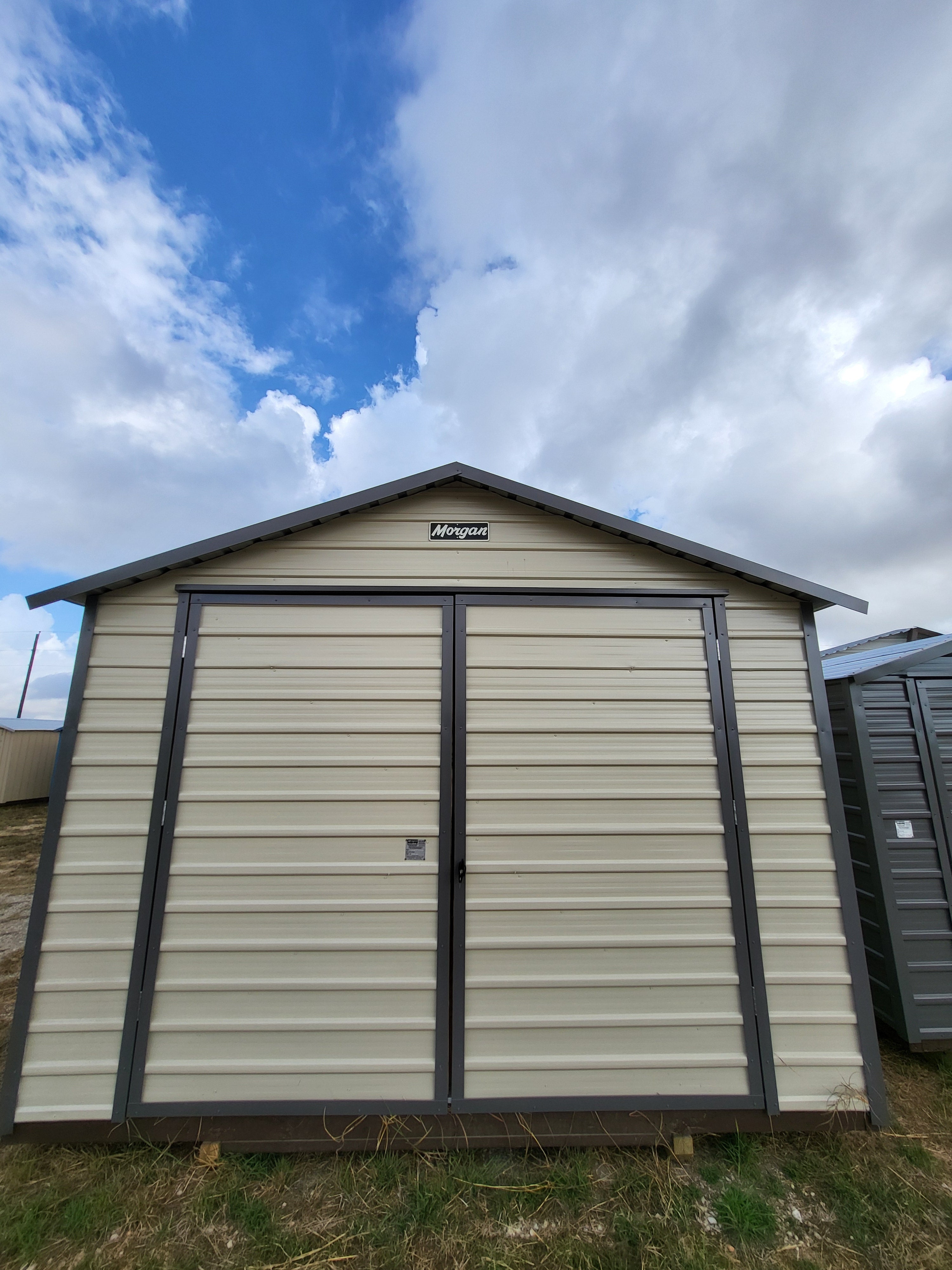 12 x 16 Steel Peak Storage Shed in Almond with Grey Trim - H205164