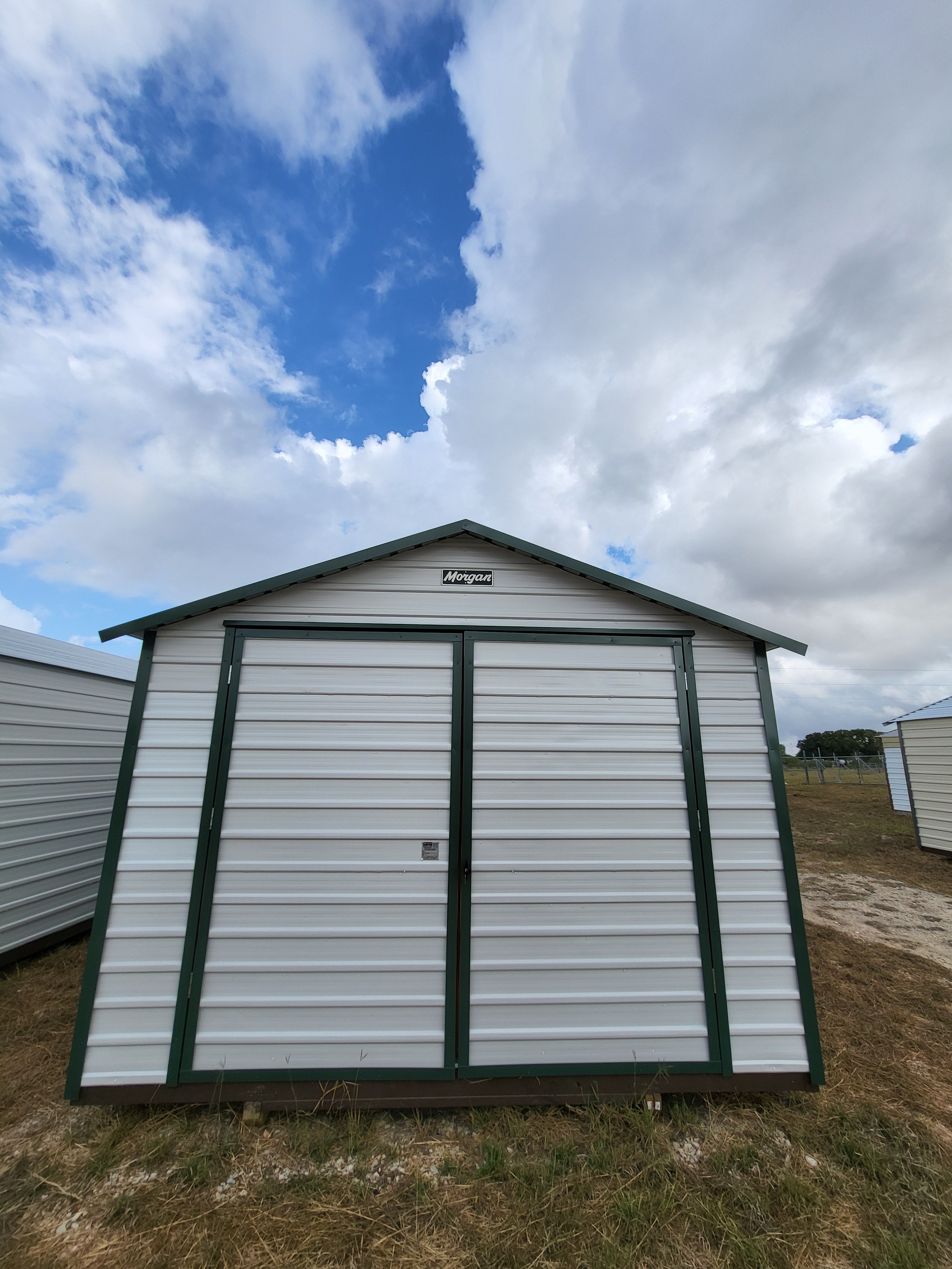 12 x 16 Steel Peak Storage in White with Green Trim - H205165