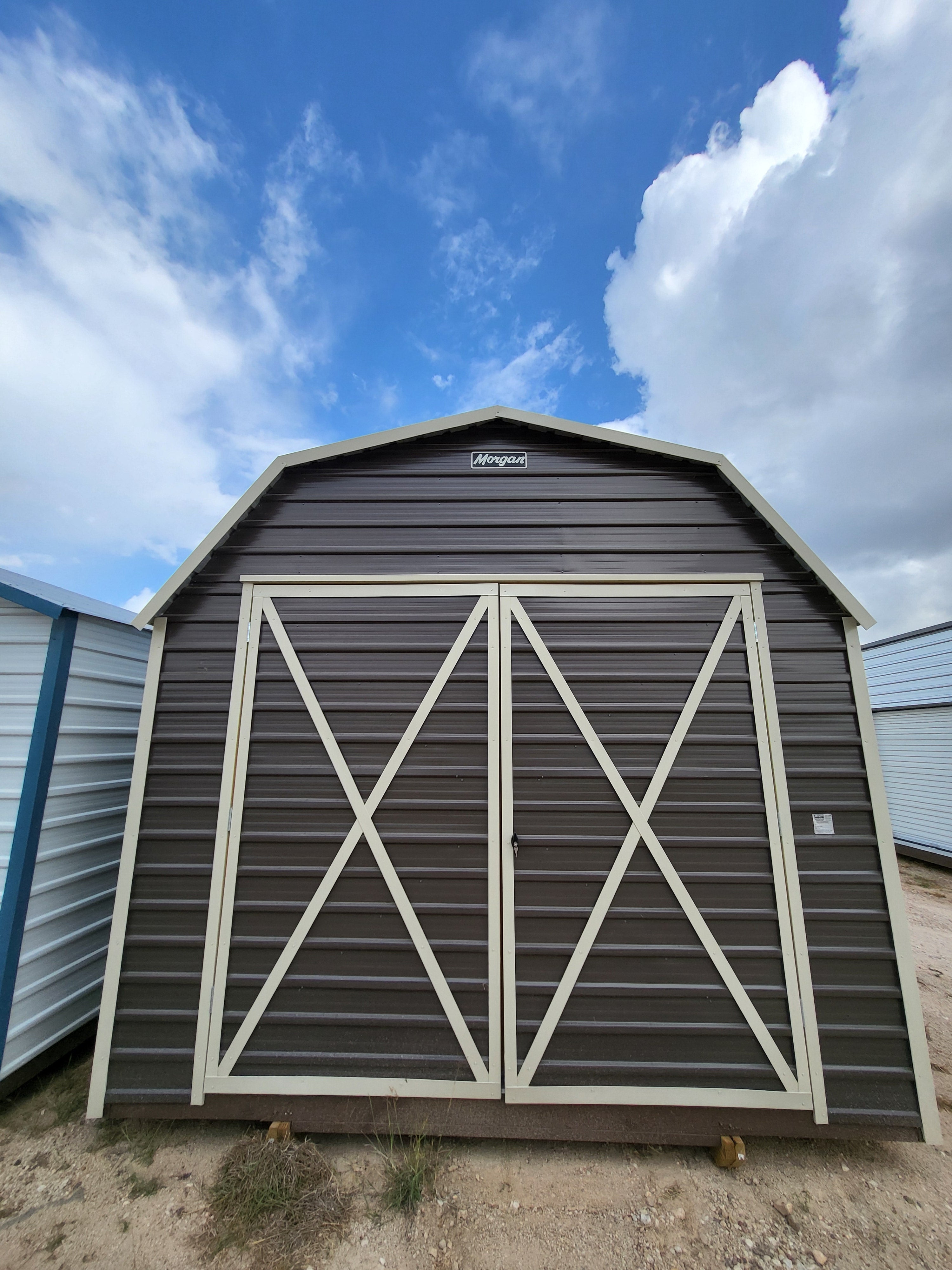 12 x 12 Dark Grey Steel Storage Shed with Almond Trim - H205477