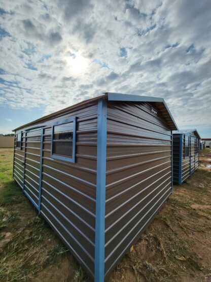 10 x 16 Dark Grey Steel with Blue Trim, Center Door, and Two Windows - H205701 - Image 4