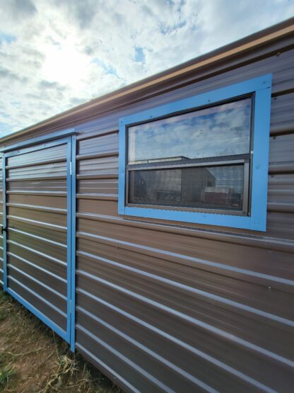 10 x 16 Dark Grey Steel with Blue Trim, Center Door, and Two Windows - H205701 - Image 2