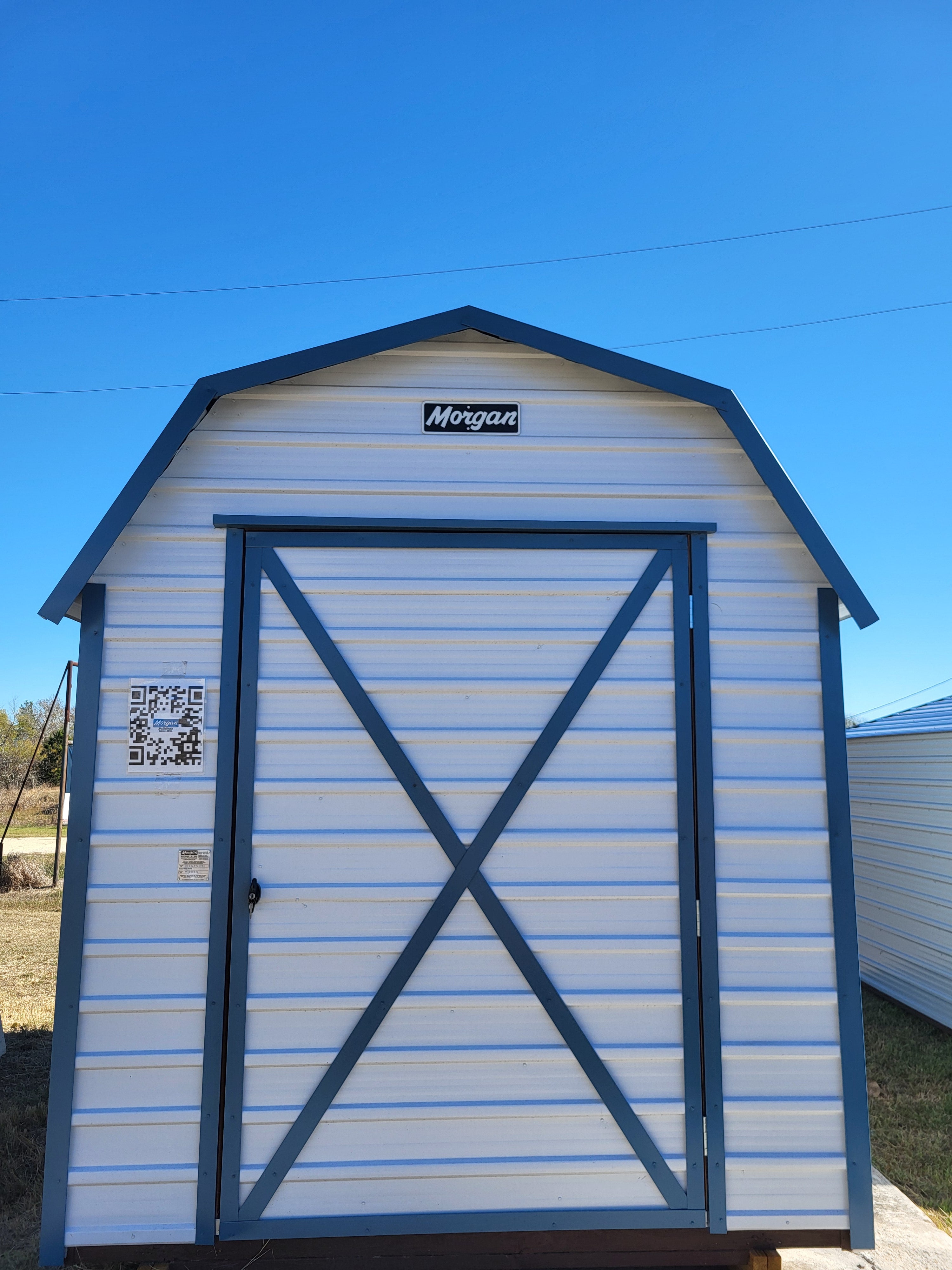 08 x 10 White Steel Barn with Blue Trim *Shiner Lot* 25% OFF! - H205631