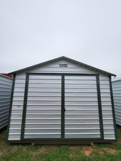 12 x 16 Double Door Galvalume Peak Storage with Green Trim - H205741 - Image 3