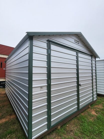 12 x 16 Double Door Galvalume Peak Storage with Green Trim - H205741 - Image 2