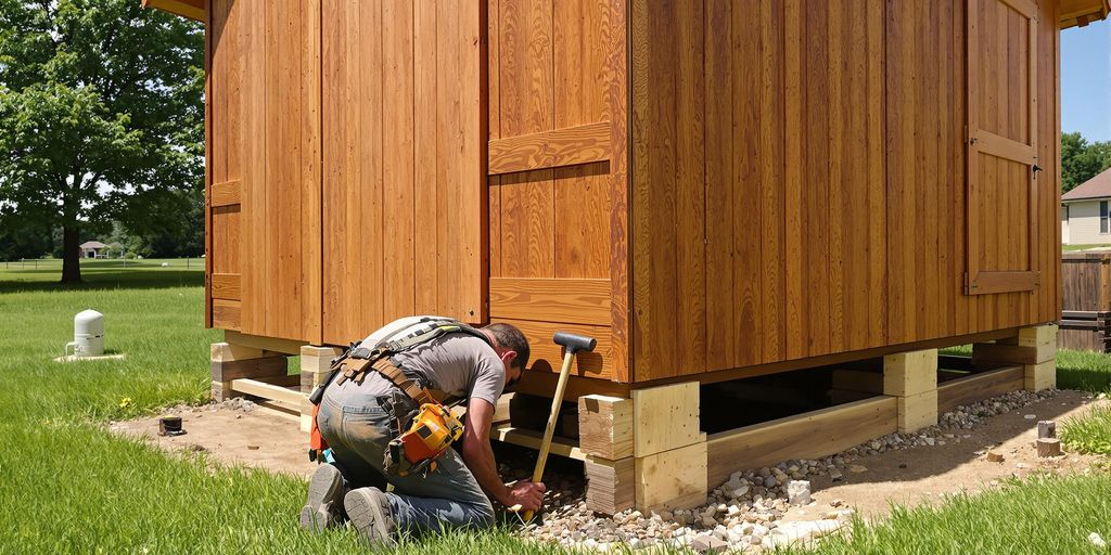 Man releveling backyard shed foundation in Fort Worth.