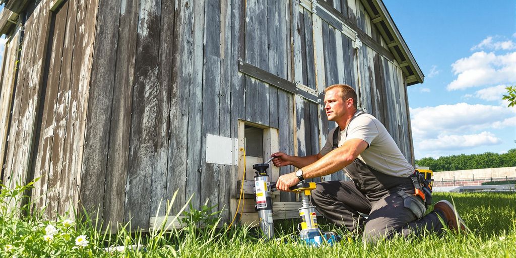 Man releveling a backyard shed with a jack.