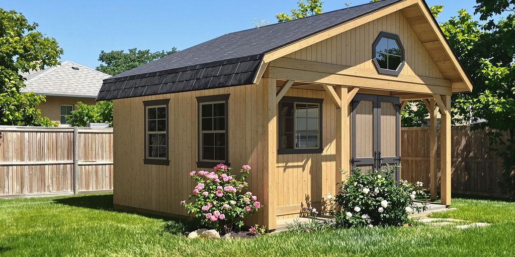 Custom shed, Fort Worth backyard, sunny day.