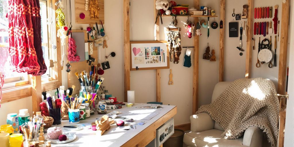 Cozy shed interior, craft supplies organized, bright windows.