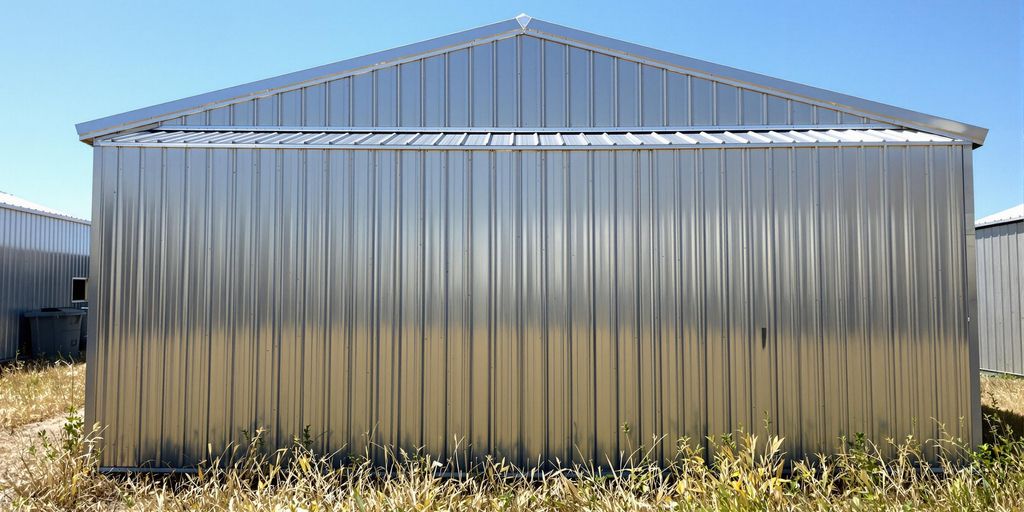 Metal shed under bright Texas sun.