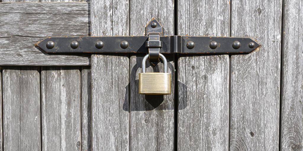 Secure shed with a sturdy padlock and reinforced door.
