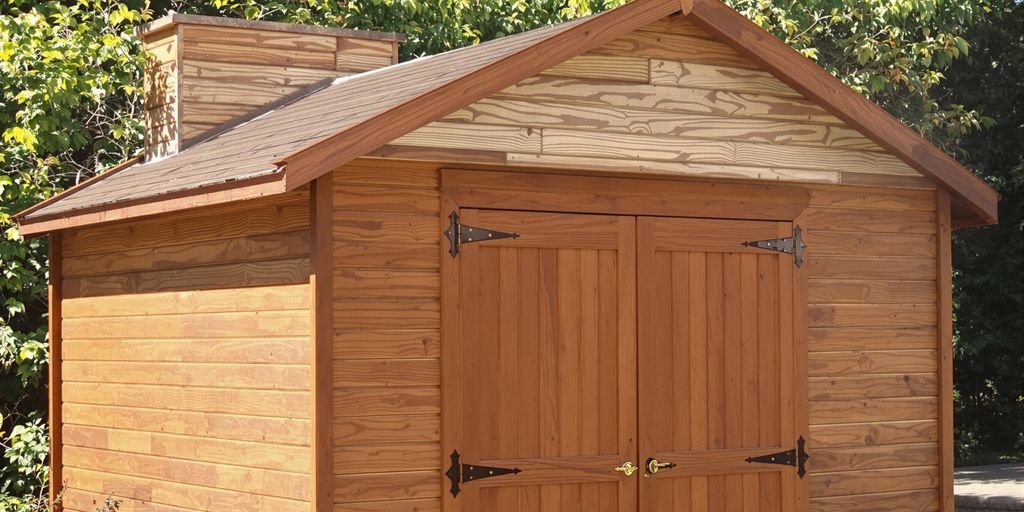 Custom-designed storage shed with natural wood exterior.