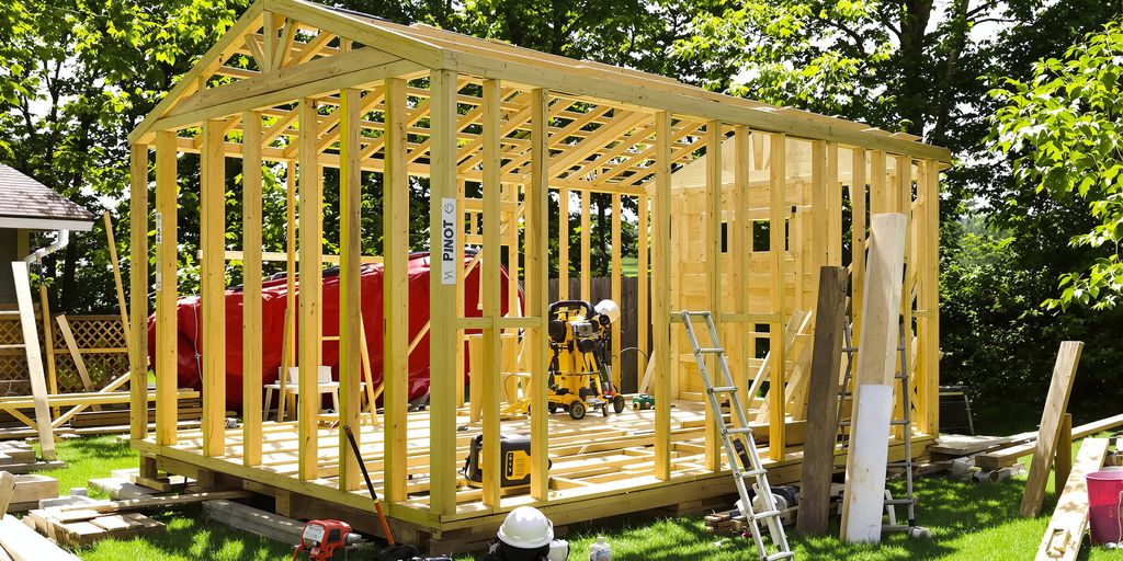 Person assembling a shed in a sunny backyard.