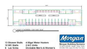 0840 sqft 14 x 60 Restroom Building 10 Toilets - 13 Showers - 8 Lavys