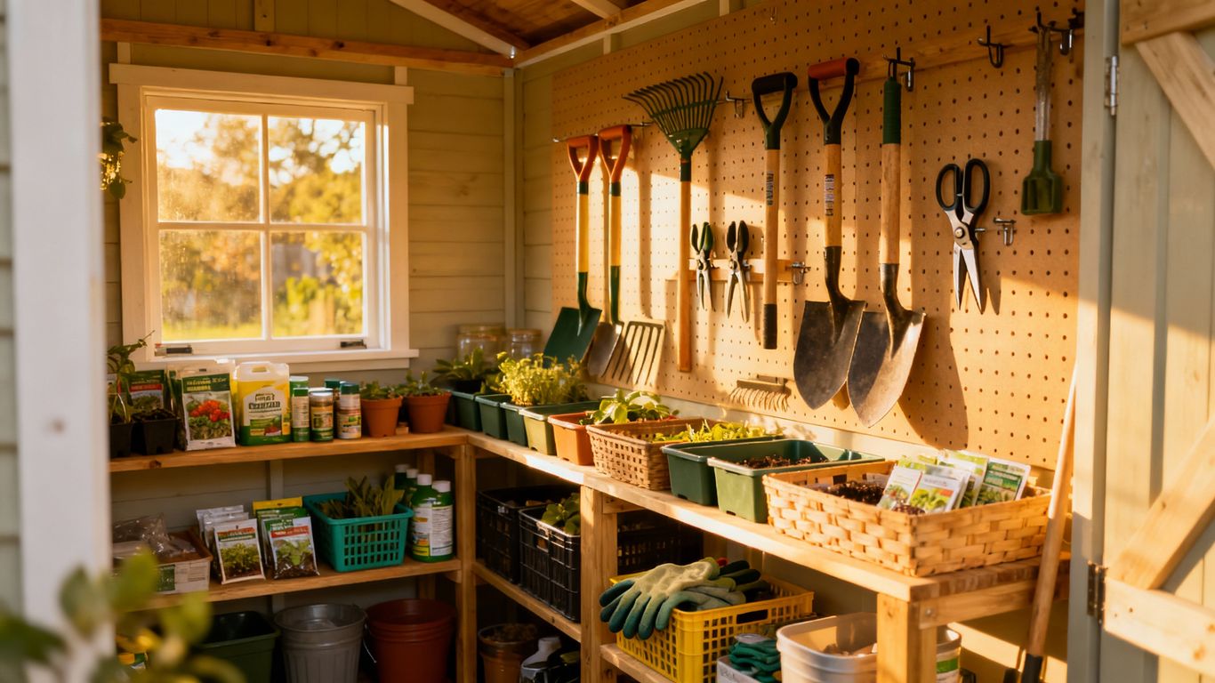 Small shed interior with organized storage solutions.
