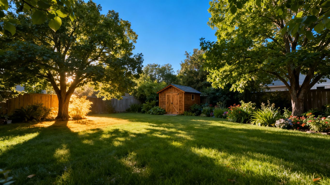 Backyard with small wooden shed among trees and plants