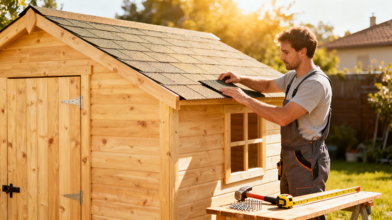 Professional shed installation in a backyard.