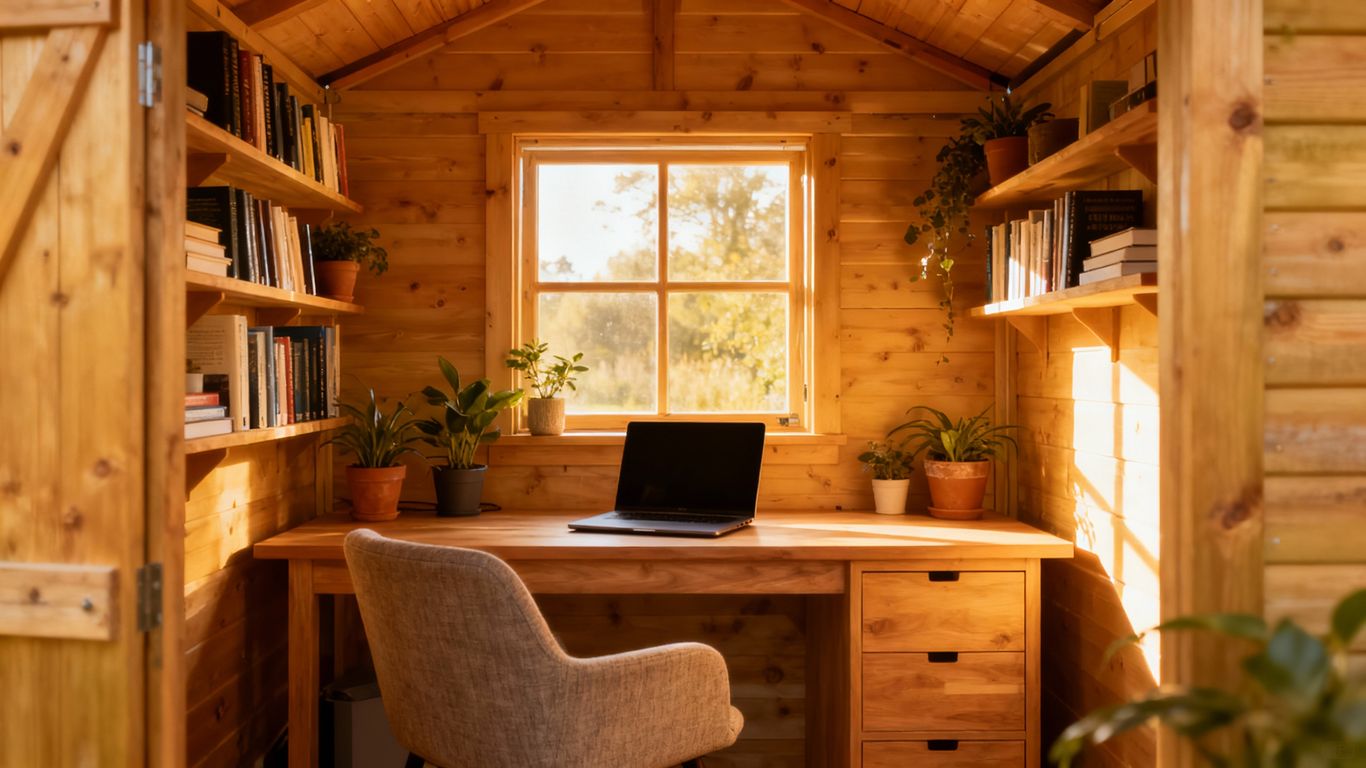 Shed converted into a modern, bright home office.