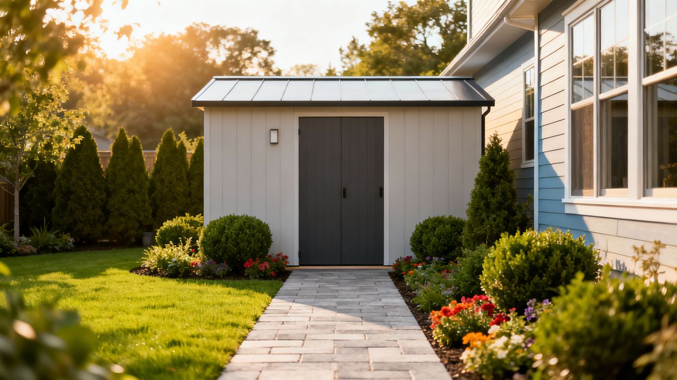 Backyard with a modern storage shed and landscaping.