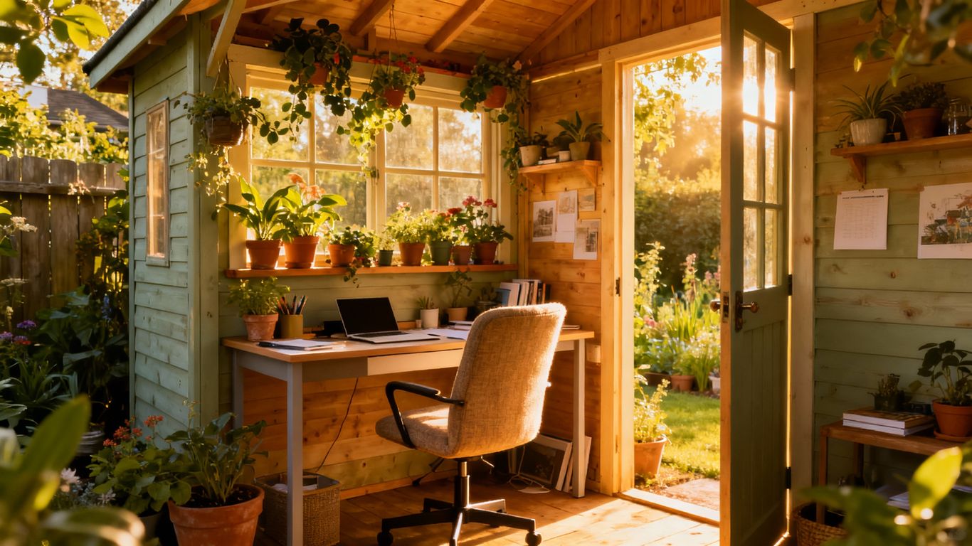 Shed converted into a stylish home office with plants.