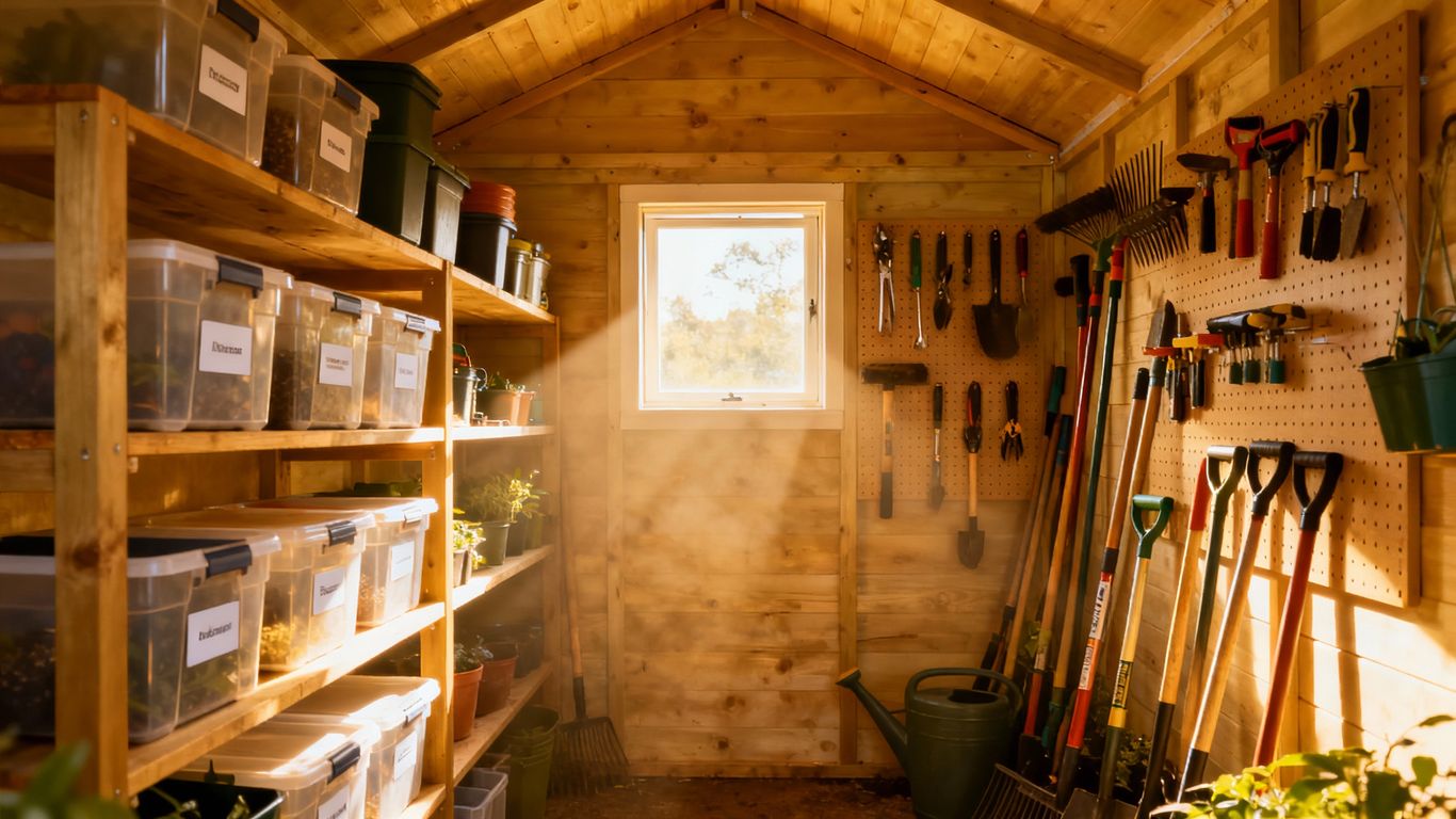 Organized shed interior with tools and bins.