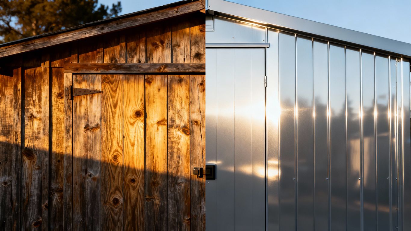 Wooden shed versus metal shed comparison image.