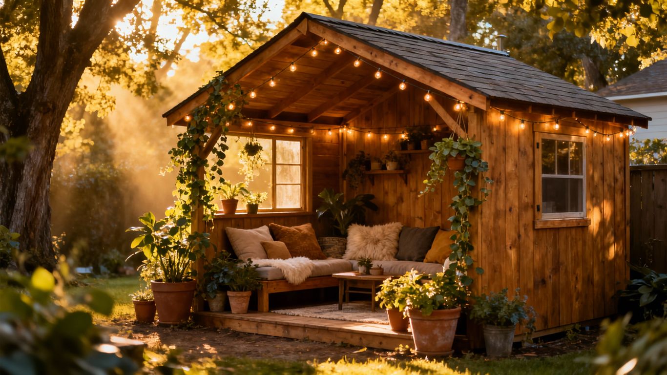 Cozy shed transformed into a backyard retreat with seating.