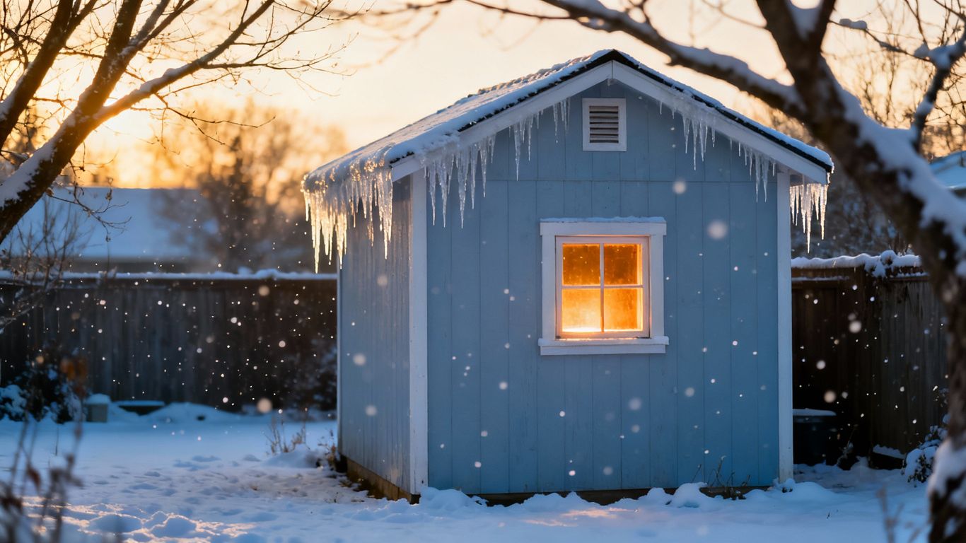 Cozy winter shed with snow and warm light.