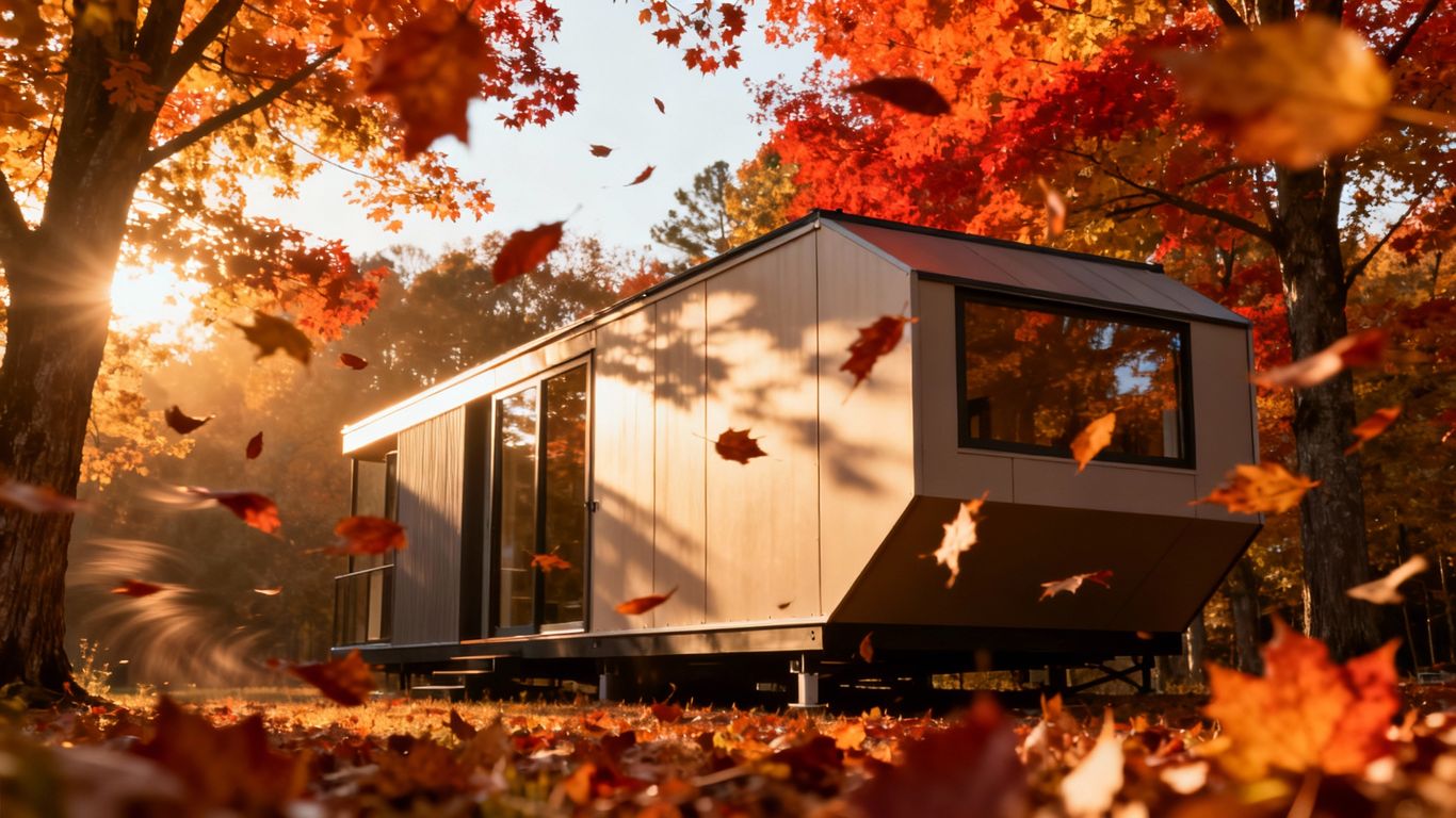 Portable building amidst colorful autumn foliage.