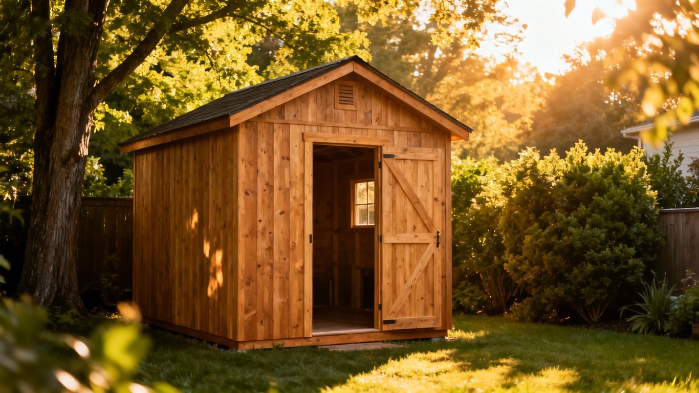 Custom backyard shed with natural wood finish.