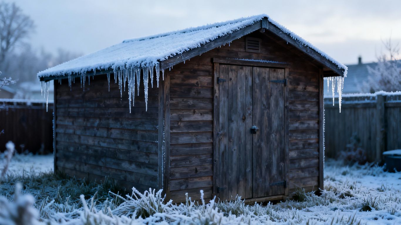 Storage shed in winter with frost and icicles.