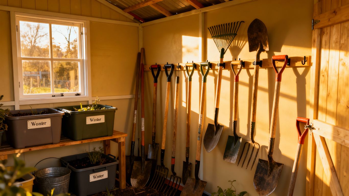 Gardening tools neatly stored in a shed during winter.