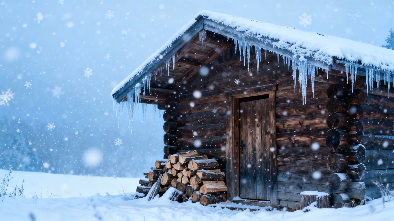 Winter storage shed with firewood and snow.