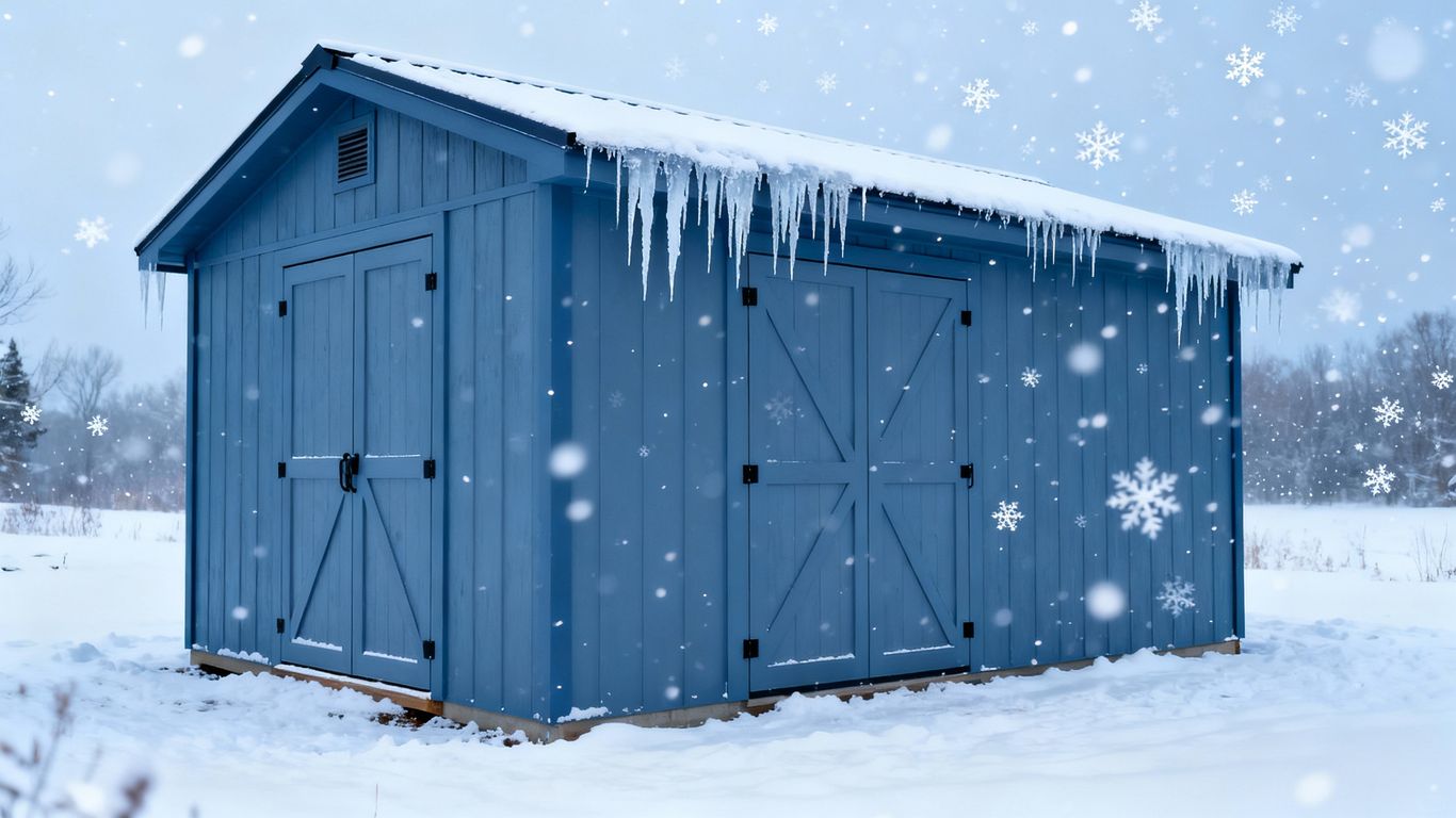 Snow-covered custom storage shed in winter.