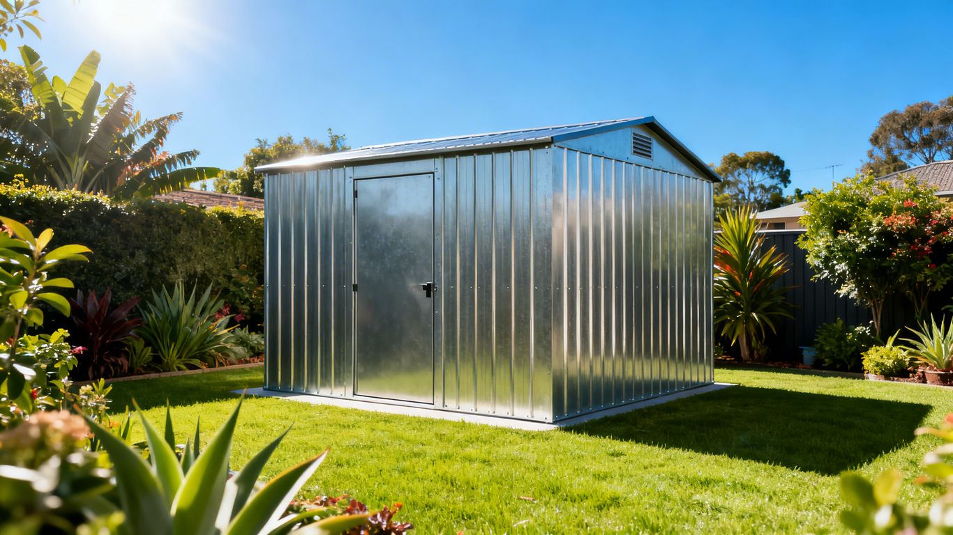 Metal storage shed in a green backyard.