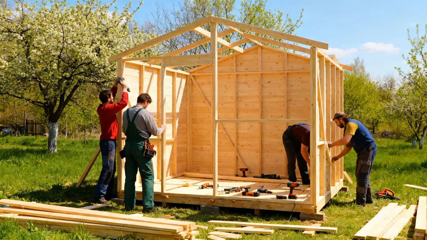 Workers quickly assembling a wooden shed in spring.