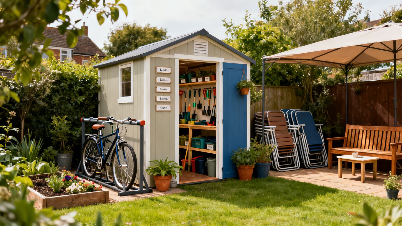 Small backyard shed with organized storage zones and greenery.