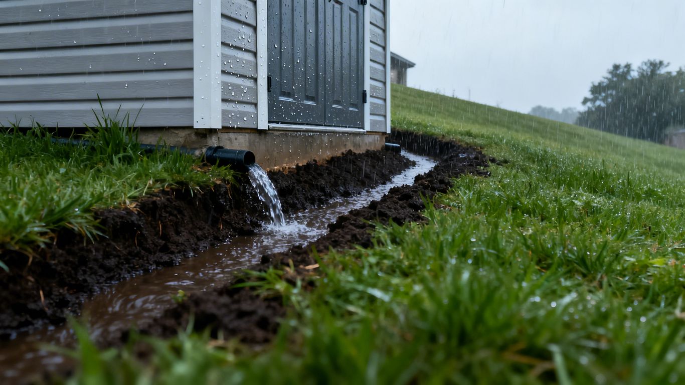 Shed drainage during April rains in Fort Worth.