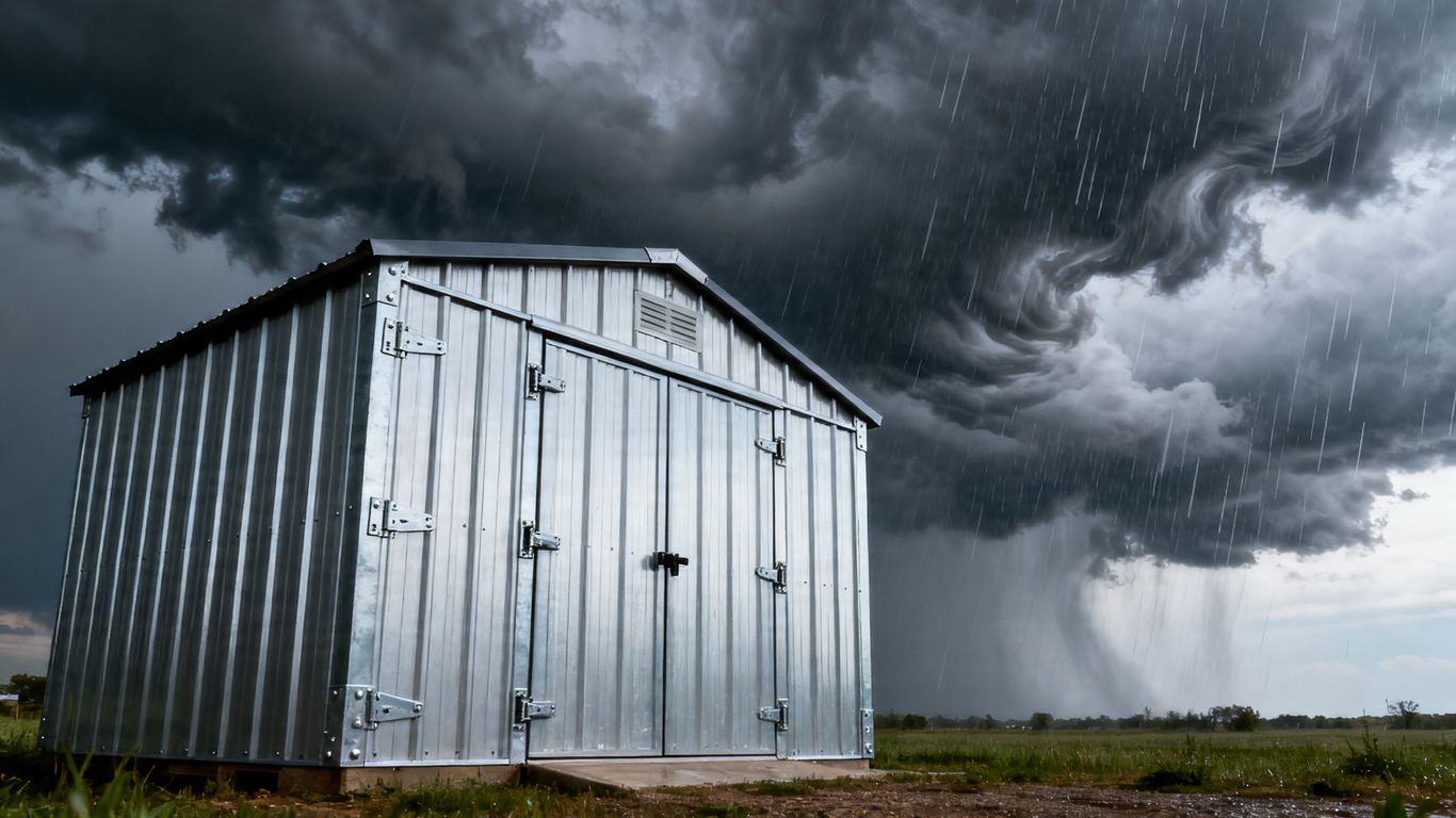 Metal shed enduring North Texas spring storm.