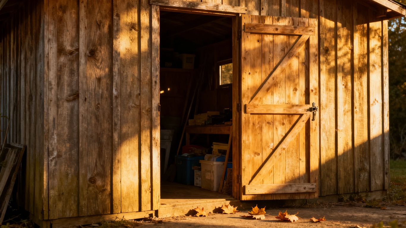 Storage shed exterior with door ajar, ready for summer.