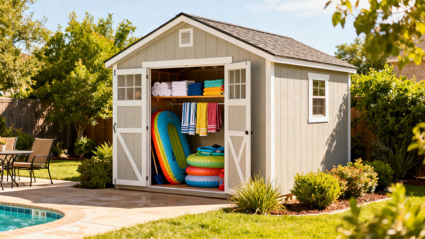 Backyard storage shed with pool and patio items.