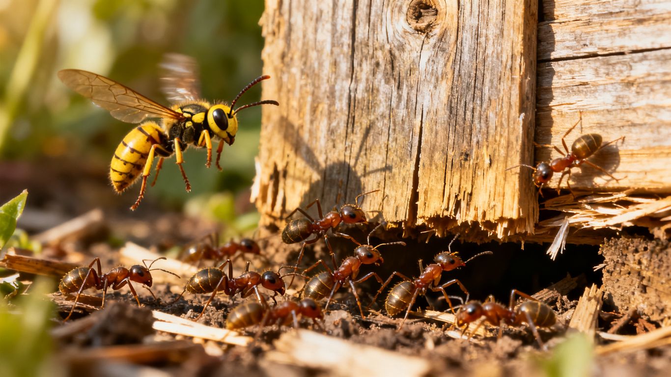Fire ants and wasp near a shed.