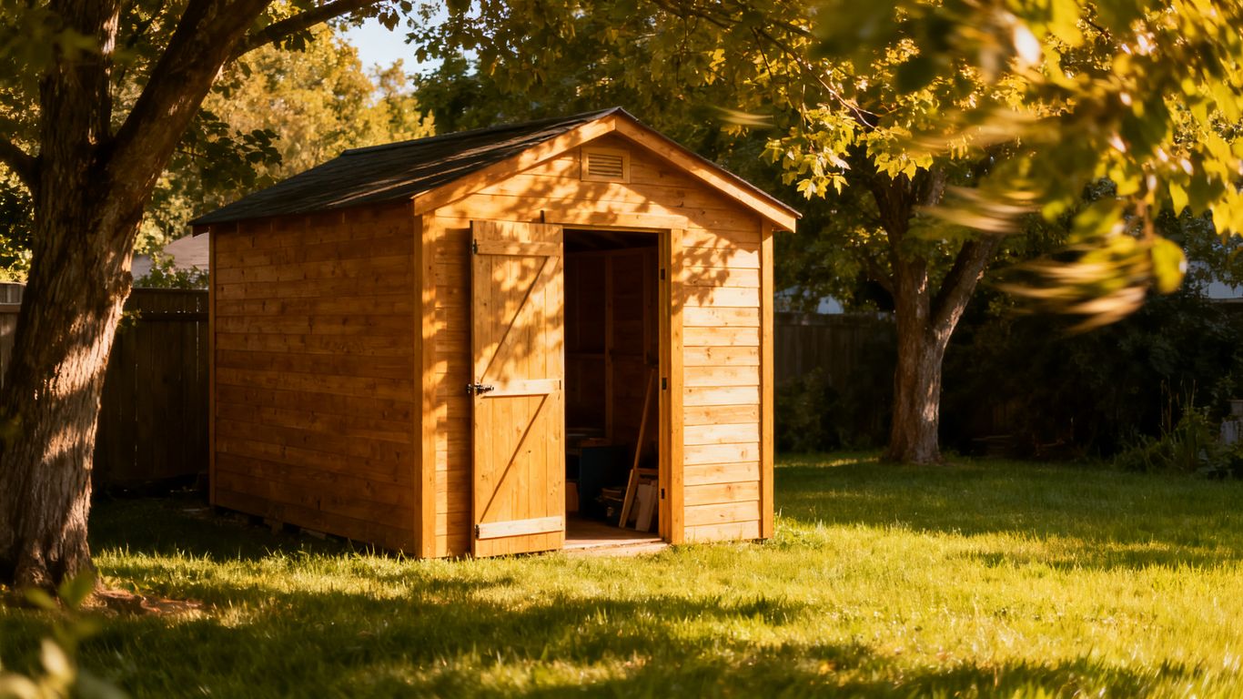 Backyard shed with shade trees on a hot summer day.